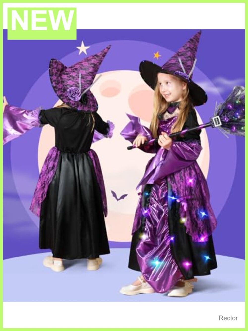 Girls Witch Costume Light Up Dress Hat Broomstick Halloween - Picture 4 of 6